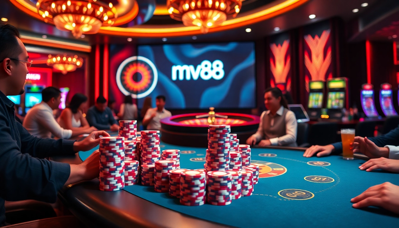 Exciting casino atmosphere with mv88 branding, showcasing poker and roulette.
