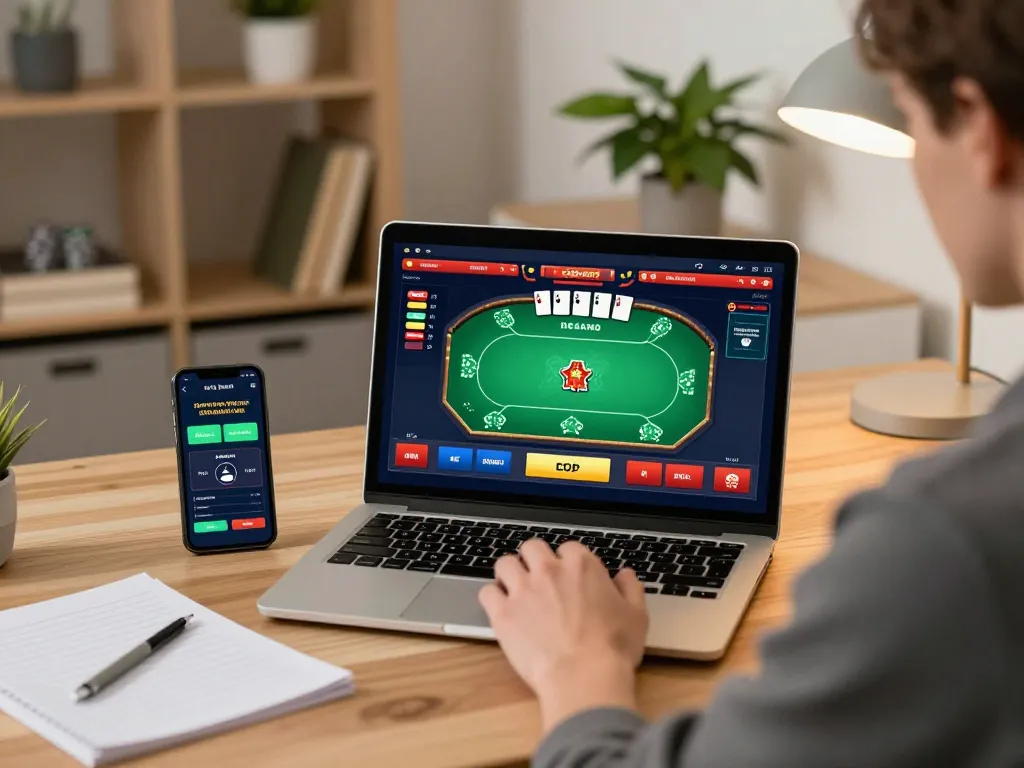 FC88 online gambling scene with user focused on laptop poker game strategy and betting app.
