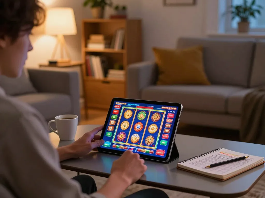 Player engaging with 888top casino app on tablet in cozy living room, showcasing responsible gaming.
