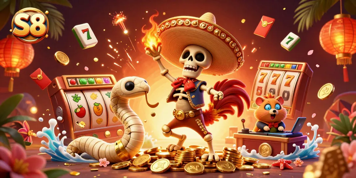 S8 casino victory with a skeleton rooster, jackpot symbols, and vibrant game elements.