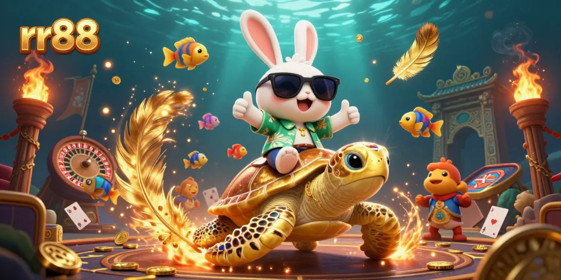Experience thrilling games at rr88 with a lucky rabbit and a giant golden turtle in a vibrant casino scene.
