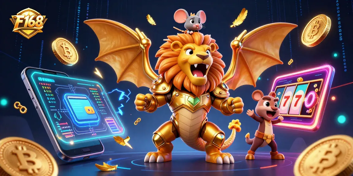 Spin the reels at F168 with a triumphant chimera and crypto elements amid a casino adventure.