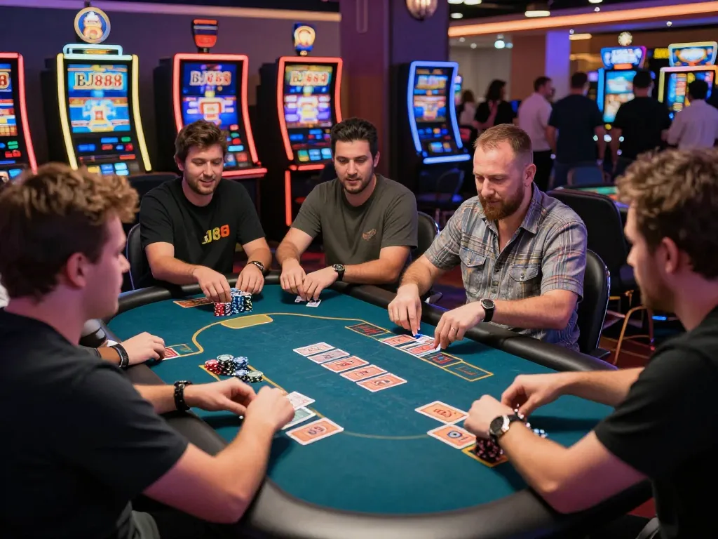 BJ888 online gaming session with diverse players at vibrant casino tables, showcasing a modern gaming environment.