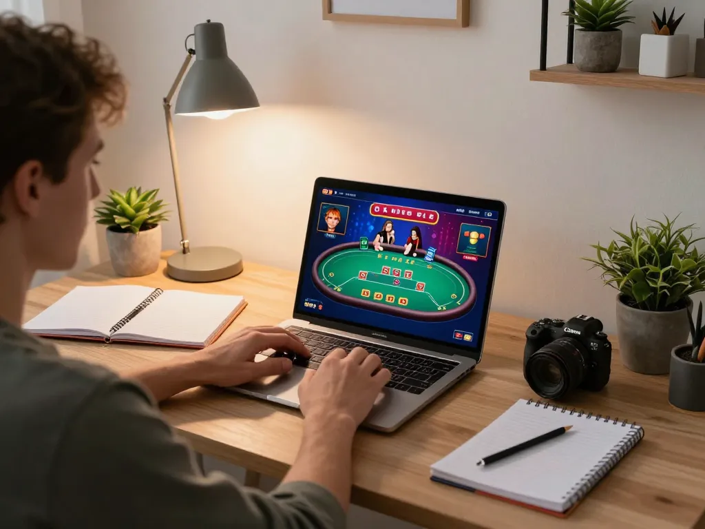 Engaging in strategic online poker gaming on a laptop while focusing on bankroll management at home.