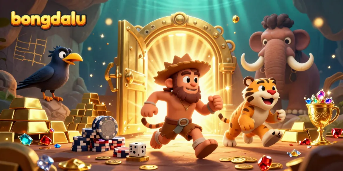 Bongdalu showcases a lively gambling scene with cavemen and jewels exploding in action.
