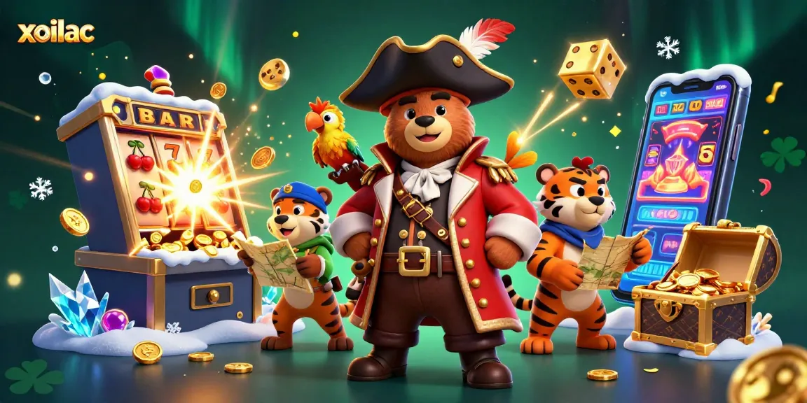 Experience thrilling gaming with xoilac as coins fly from bursting slot machines and magical elements surround vibrant characters.