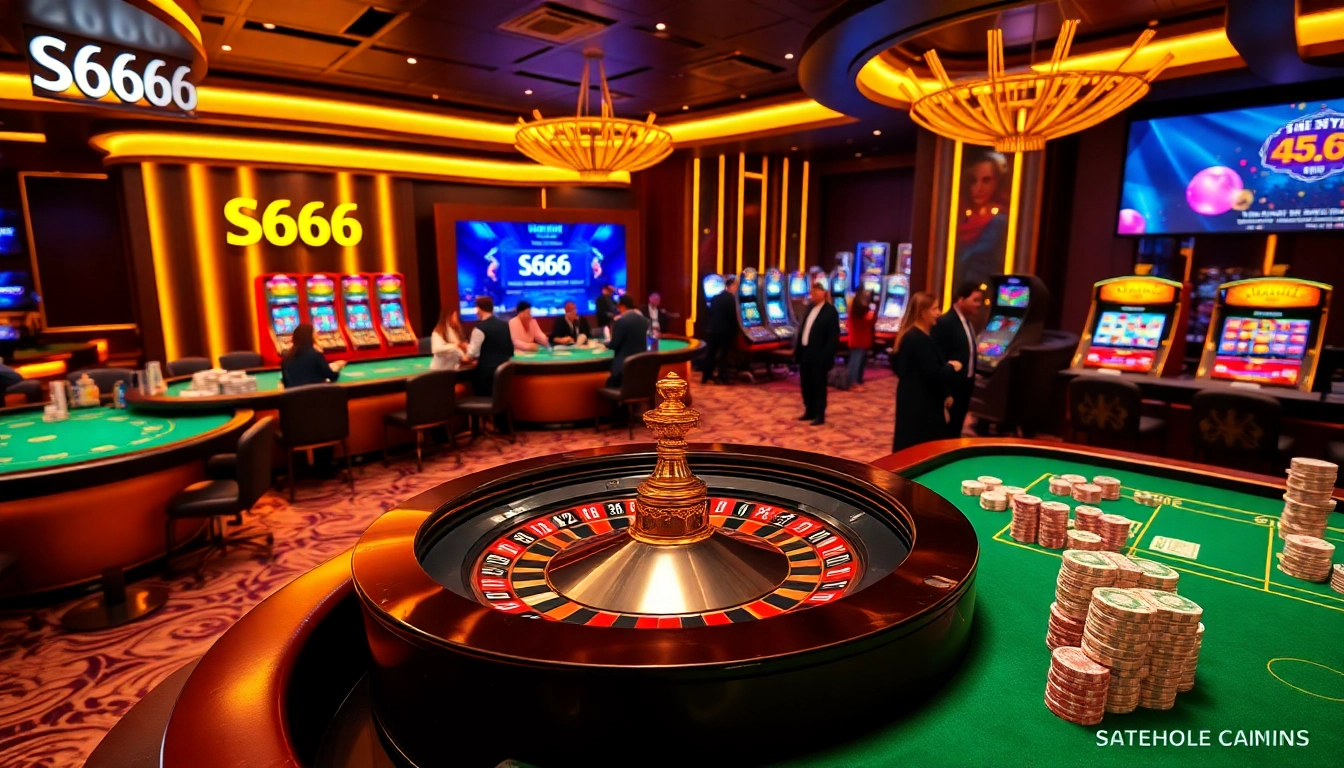 S666 players enjoying an engaging casino experience with roulette and poker tables.