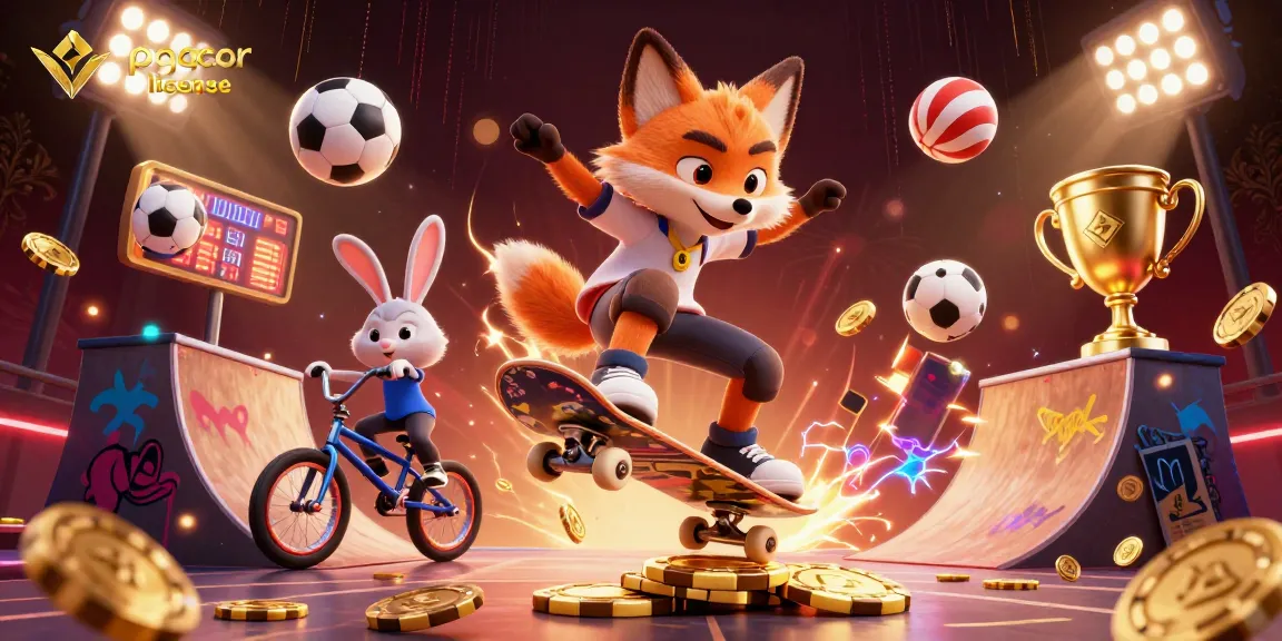 Visualize pagcor license in a dynamic scene with a skateboarder fox and BMX rabbit amid casino elements.