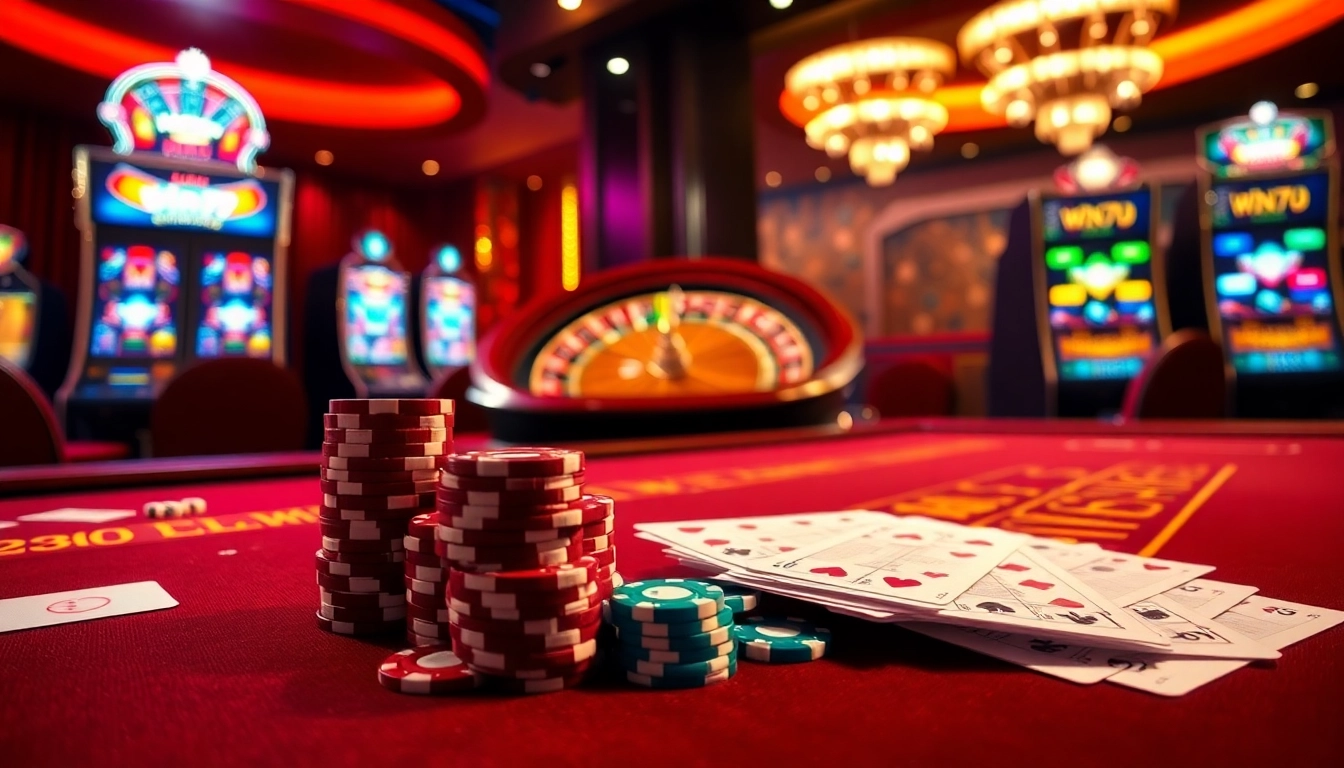 Win79 casino table filled with vibrant cards and chips, showcasing exciting gambling action.