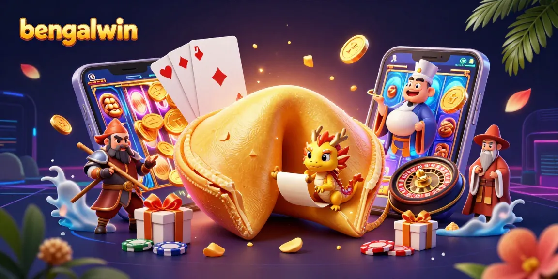 Bengalwin casino features a golden fortune cookie dragon exploring games and riches.