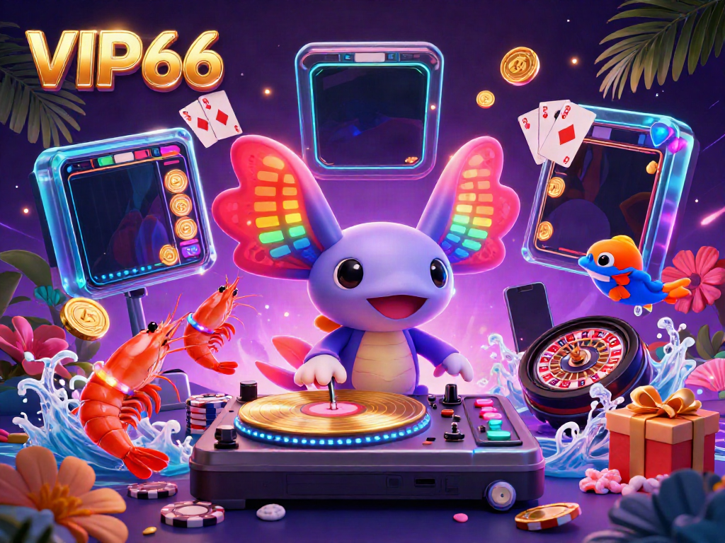 Experience the vibrant energy of VIP66 with an axolotl DJ and lively ocean characters at an underwater casino scene.