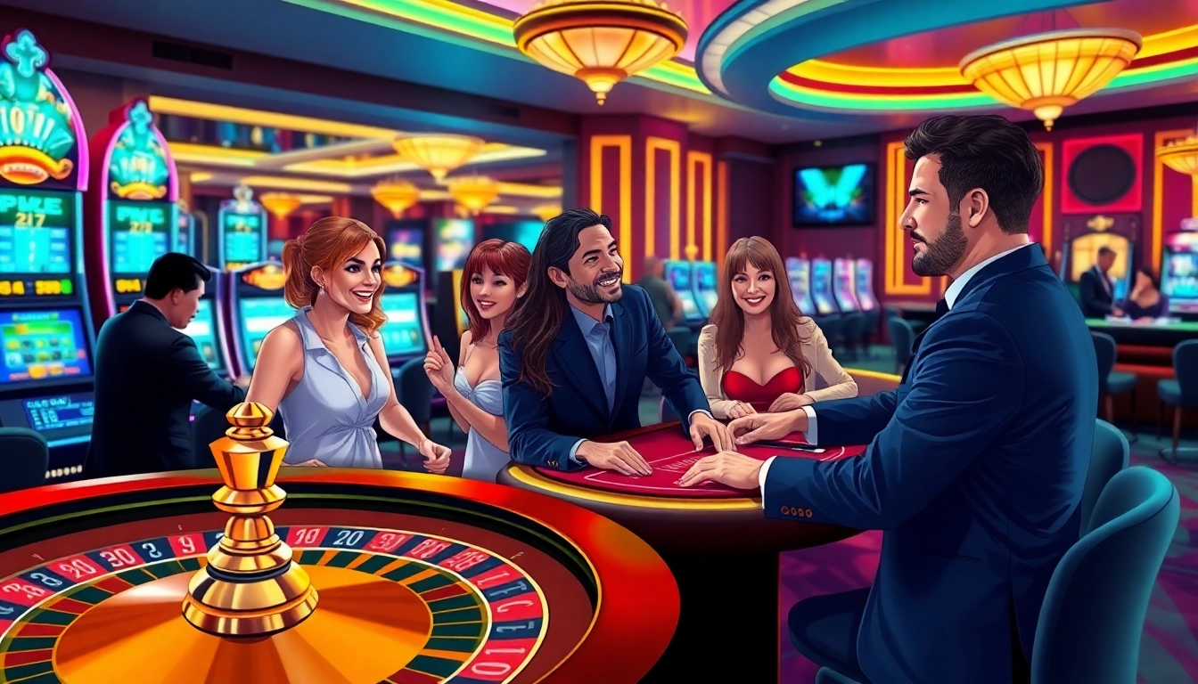 A lively casino atmosphere featuring a live dealer and engaging players at tables, highlighting https://uu88xpj.com/.