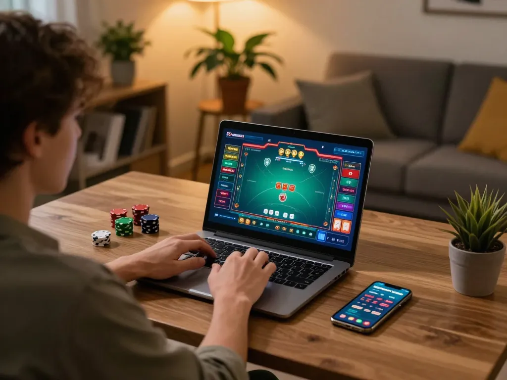 Player strategizing on alo8 during an online poker game in a cozy home office setting.