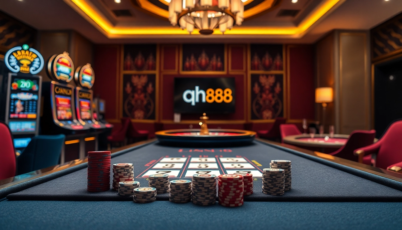 Experience high-stakes excitement at qh88 with luxury poker tables and vibrant slot machines.