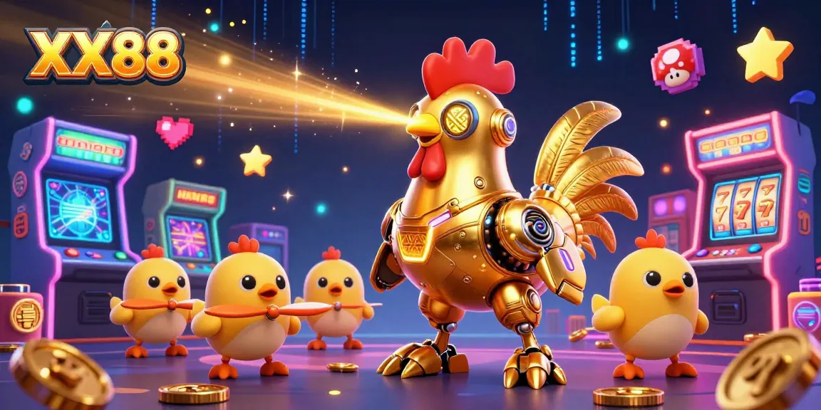 Engage in the thrilling world of XX88 with vibrant 3D illustrations of a golden rooster robot and gaming elements.