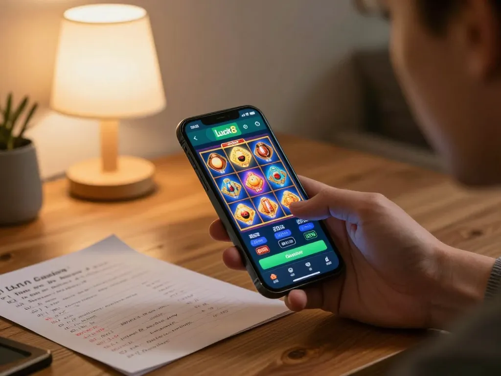 Engaging with the luck8 mobile casino app showing vibrant slots and betting strategies.