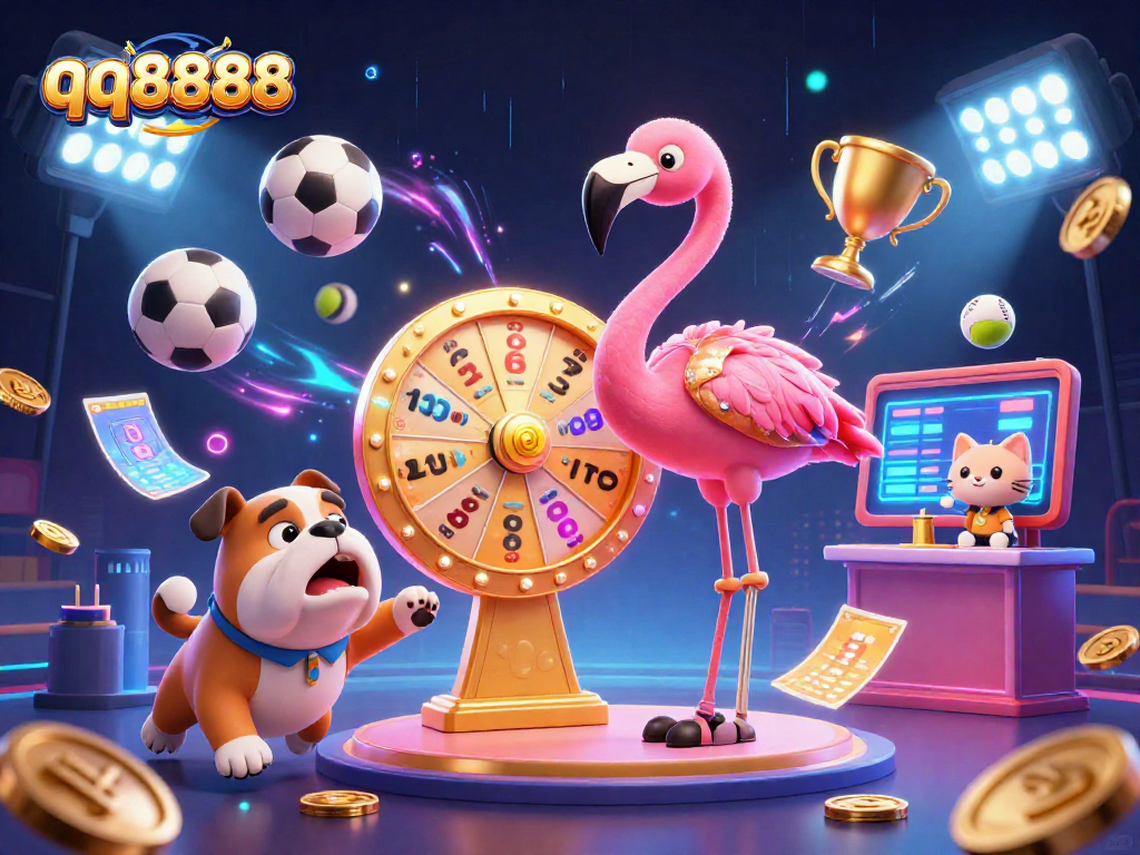 Bet on exciting matches with qq8888 as flamingo host spins a golden prize wheel amid vibrant sports elements.