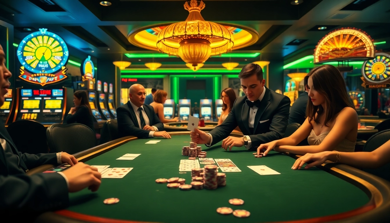 Players engaged in a high-stakes poker game at a luxurious casino showcasing sun win excitement, with vibrant atmosphere and chips.