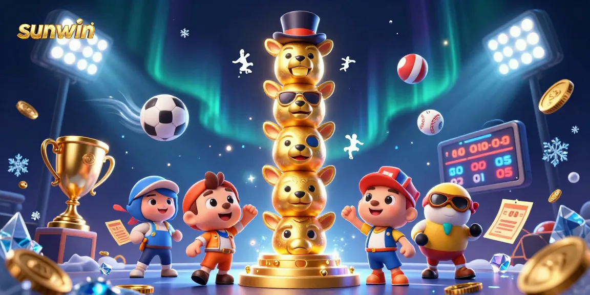 Engage with sunwin's thrilling sports betting scene featuring dynamic sports elements and golden trophies.