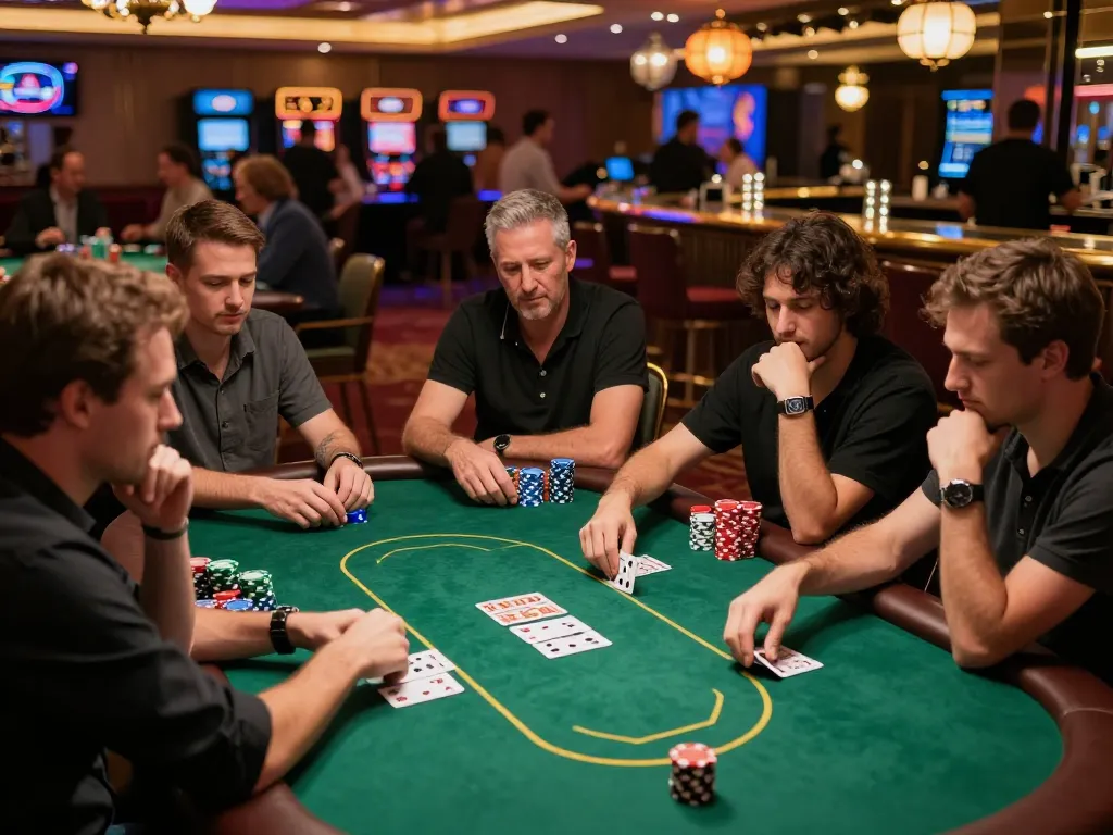 Players strategizing over poker chips at ga6789 upscale casino table, capturing the excitement of gambling.