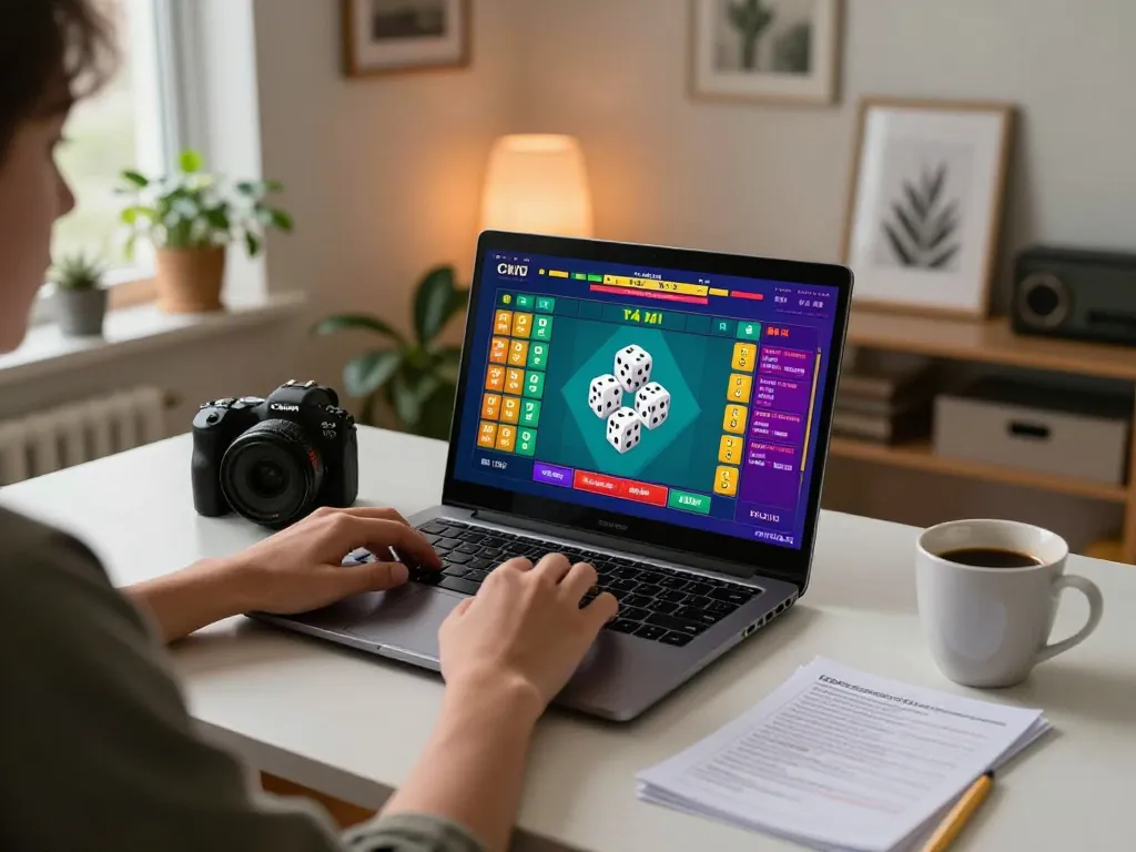 Tài Xỉu gameplay on a laptop in a cozy home setting, showcasing strategic betting notes and soft ambient lighting.