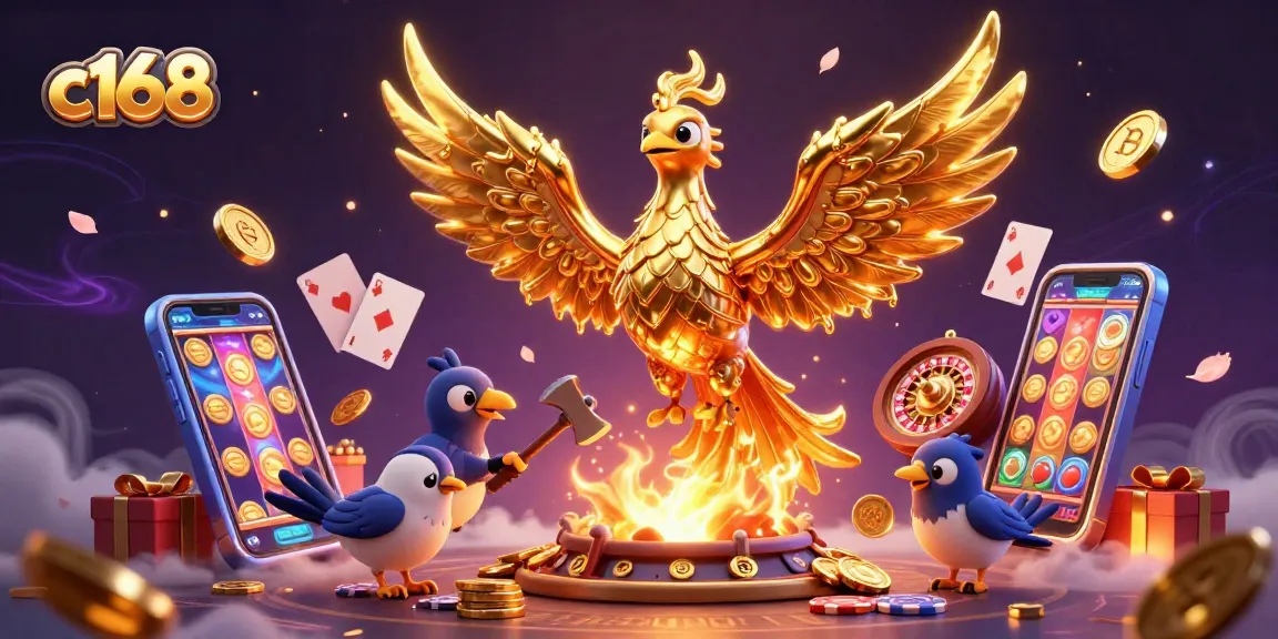 Experience thrilling gameplay with c168 as a golden phoenix emerges, surrounded by dynamic casino elements.