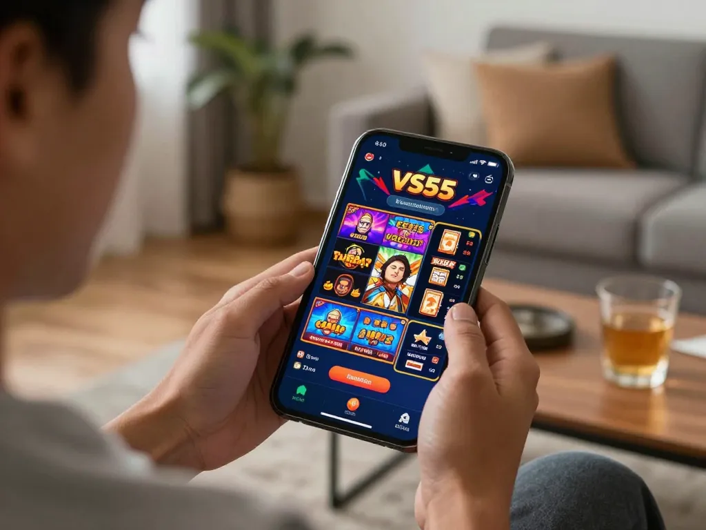 Playing slot games on the VS555 Bangladesh app in a cozy living room setting.