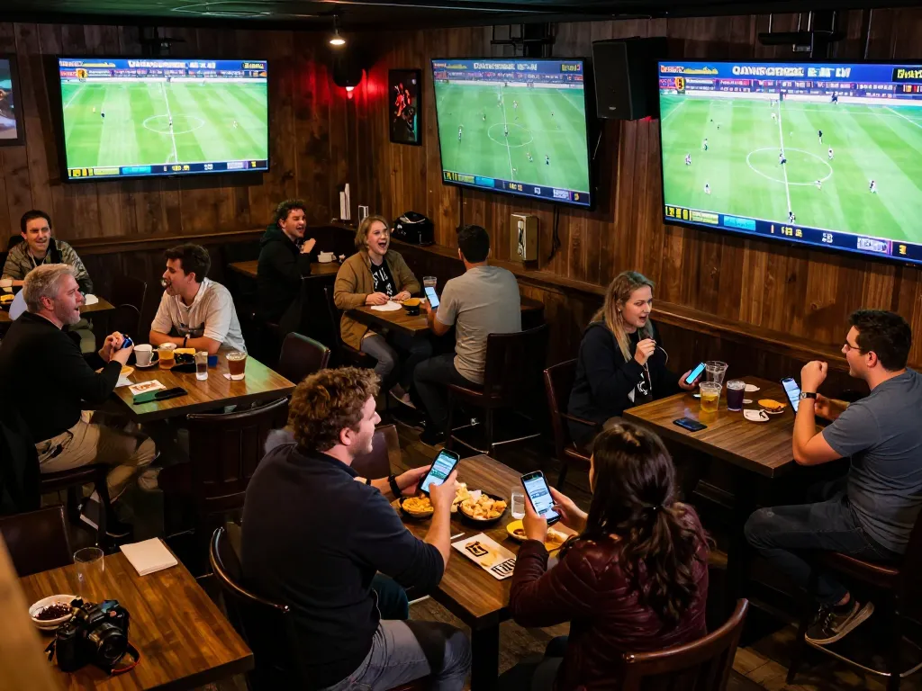 Enthusiastic fans engaging in sports betting, analyzing tỷ lệ cá cược bóng đá with excitement during live matches.