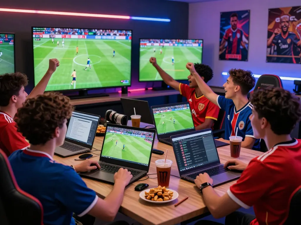 Socolive streaming soccer matches with fans cheerfully engaging in an exciting sports viewing experience.