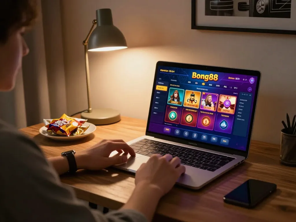 Bong88 online gaming experience showcasing a player engaged with casino games at home, laptop screen illuminated with vibrant visuals.