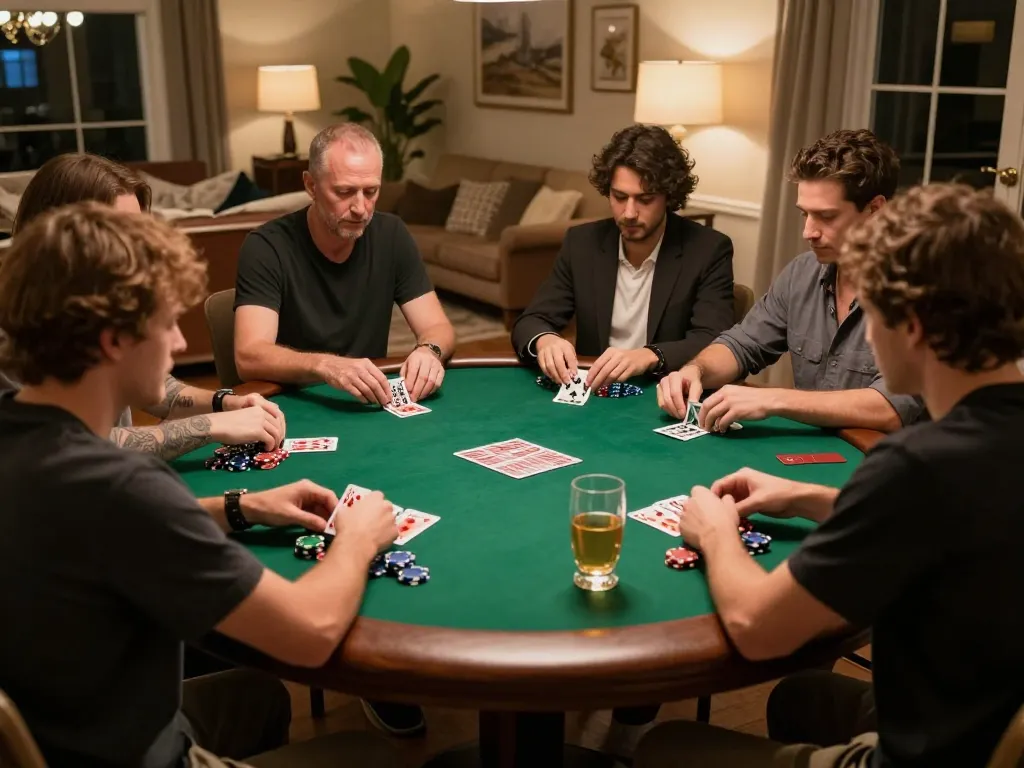 Players engage in a competitive poker game at home while enjoying drinks, showcasing sunwin gaming strategies.