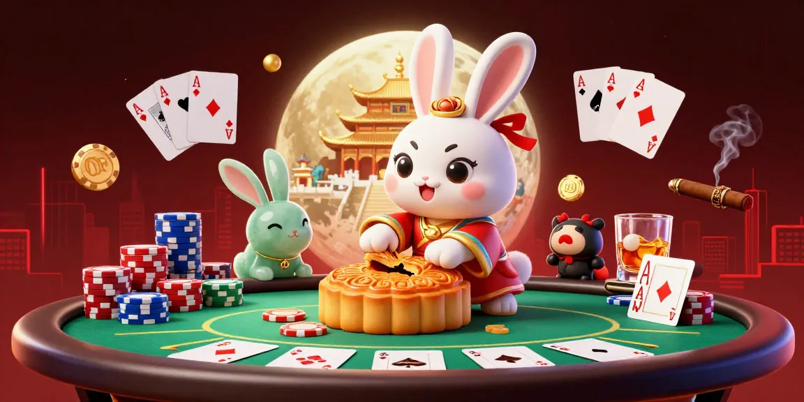 Join the exciting action with xin88 as the moon rabbit cracks open mooncakes revealing poker chips.