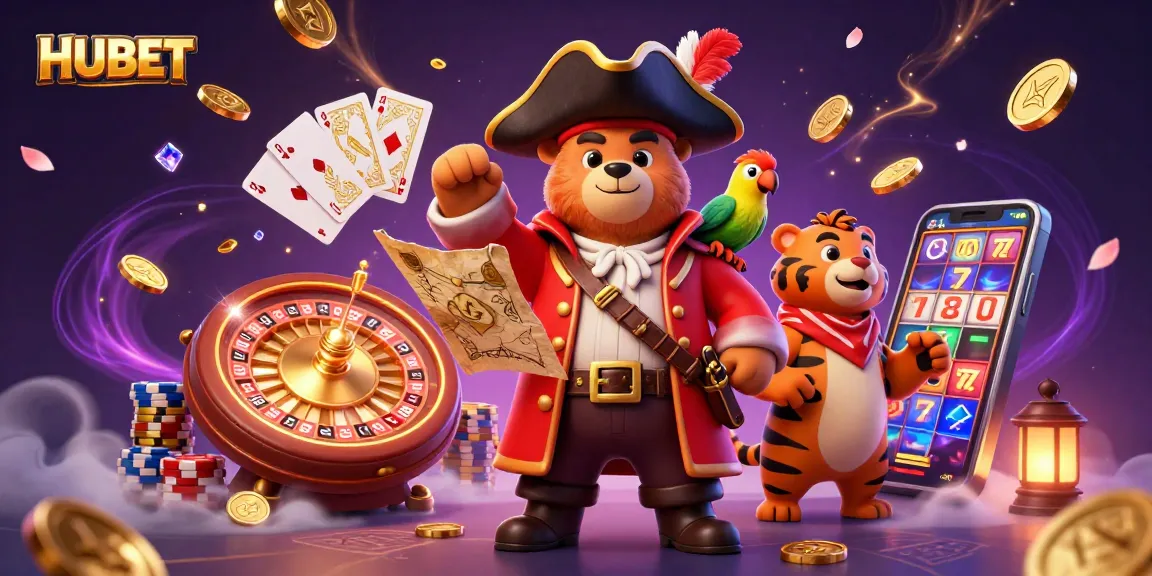 HUBET brings winning excitement in a vibrant online casino scene with cartoon characters, treasure, and dynamic gaming elements.