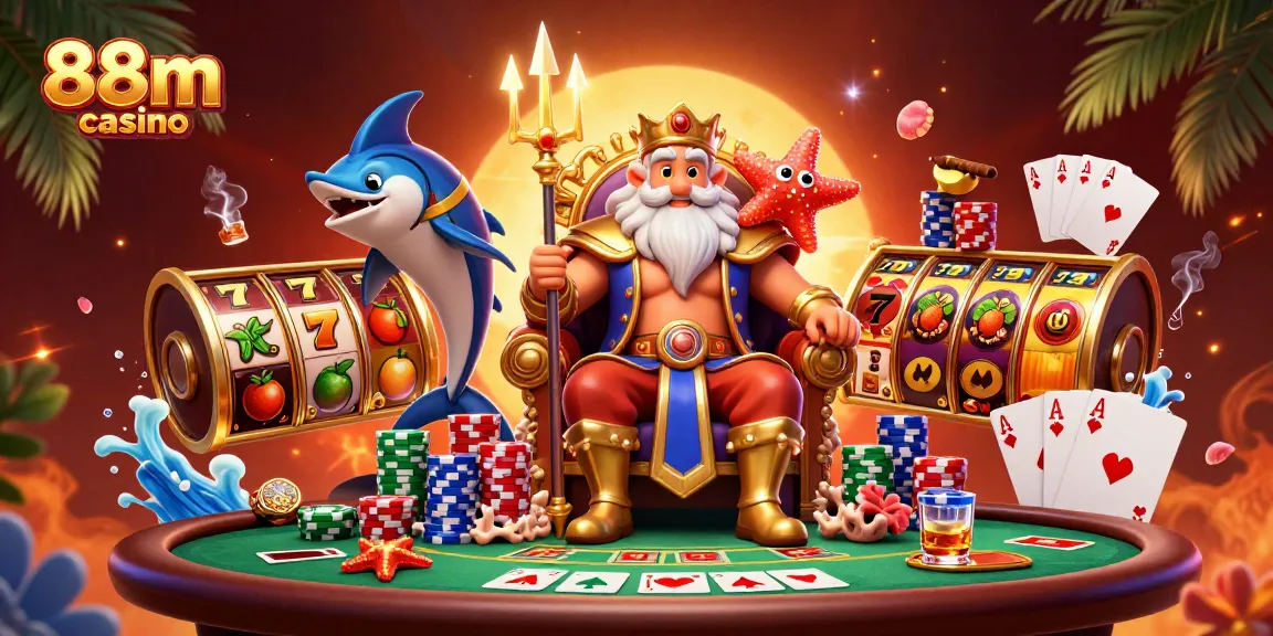 Win big at 88m casino with a vibrant 3D digital illustration featuring slot reels and ocean-themed characters.