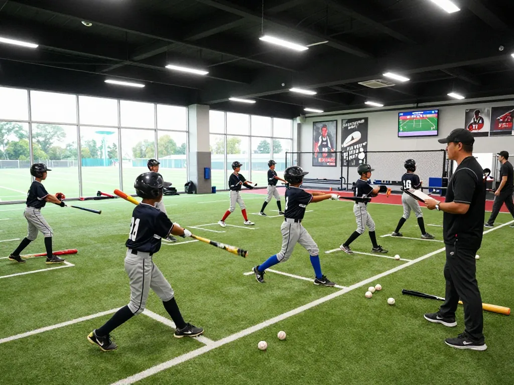 Hitclub athletes training in a vibrant baseball facility, showcasing teamwork and coaching.