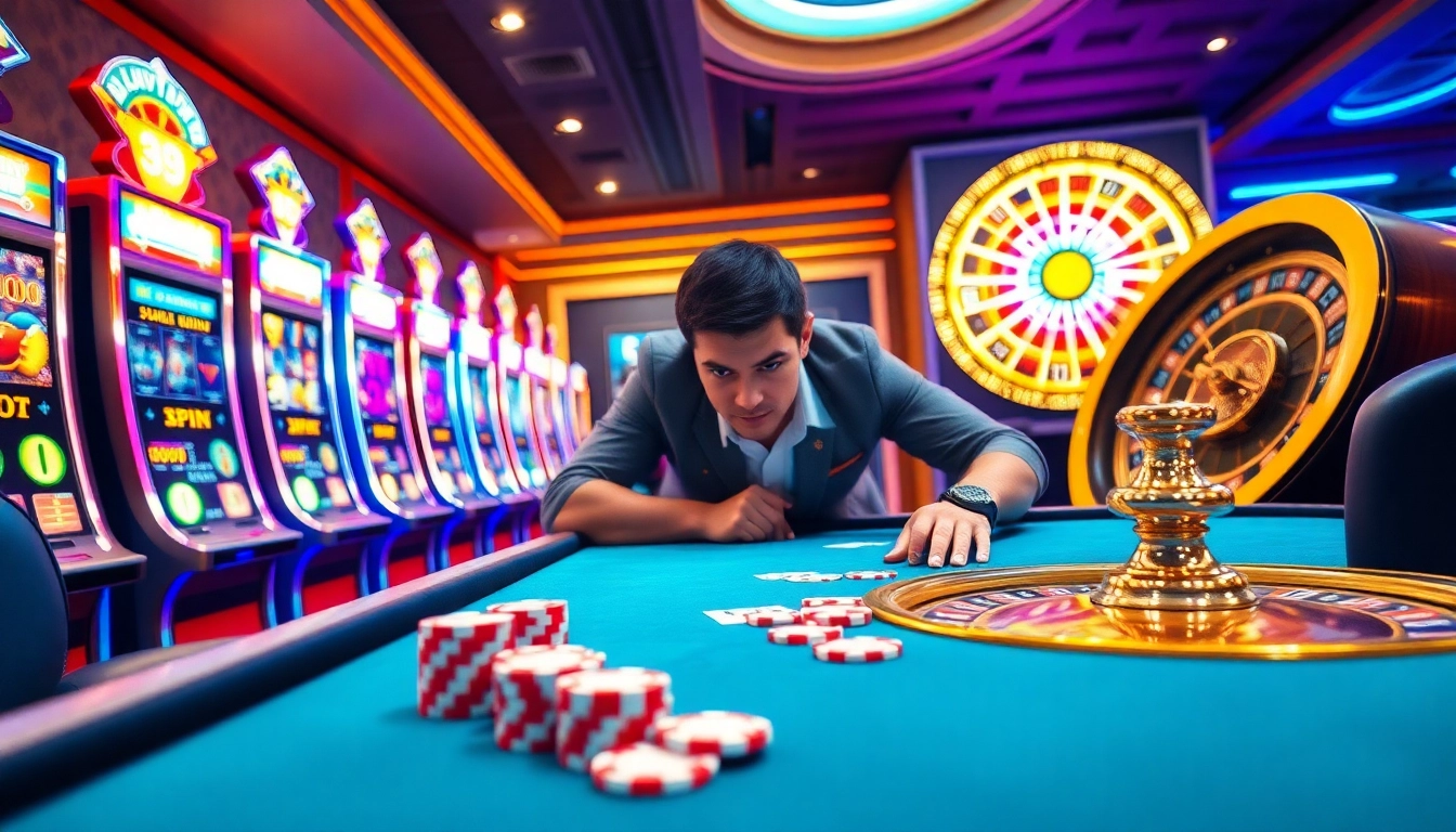 Experience the adrenaline of 33WIN trang chủ with a vibrant casino scene featuring poker chips, cards, and a roulette wheel.