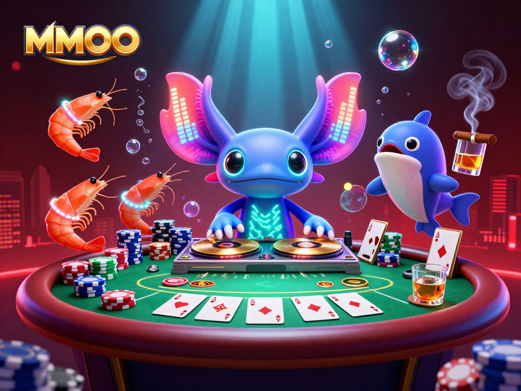 Experience MMOO's vibrant casino scene with a neon axolotl DJ and lively shrimp performers.