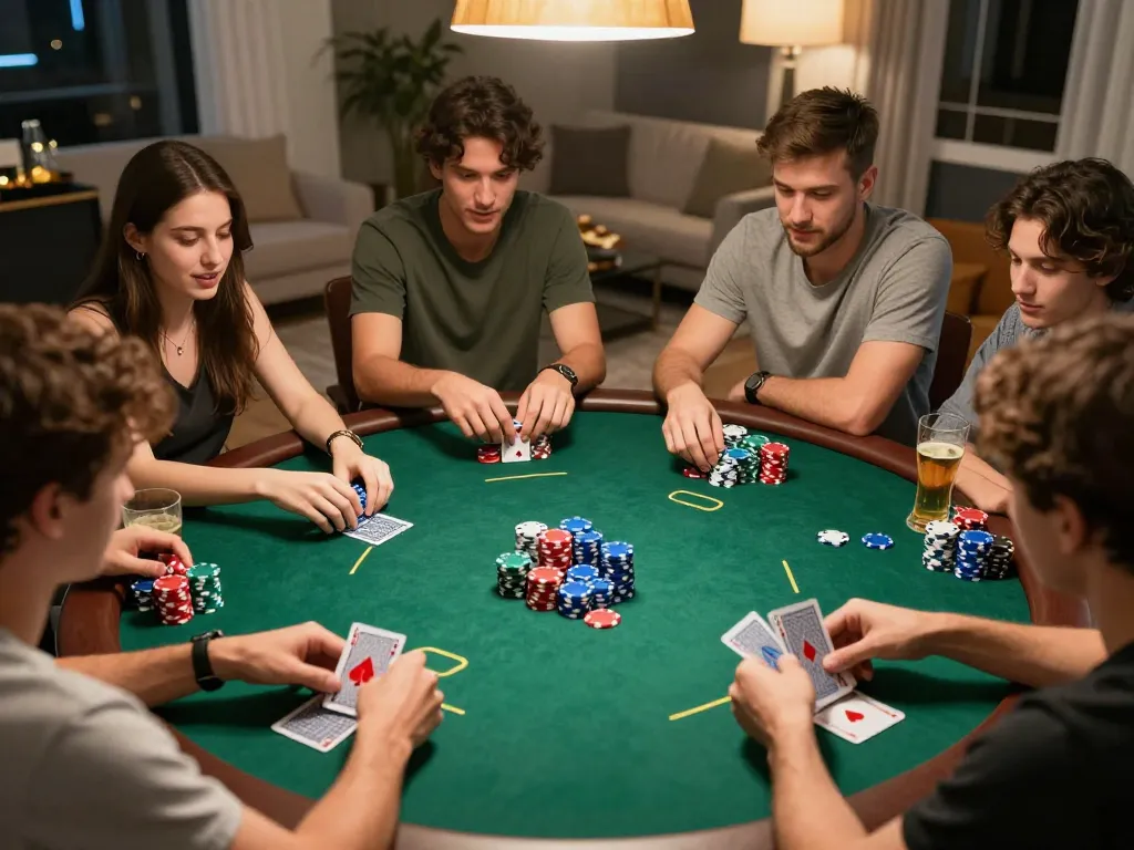 Friends playing an exciting poker game at home, showcasing strategic moments of gameplay on a table with colorful chips and cards, featuring lapak303 in a relaxed atmosphere.