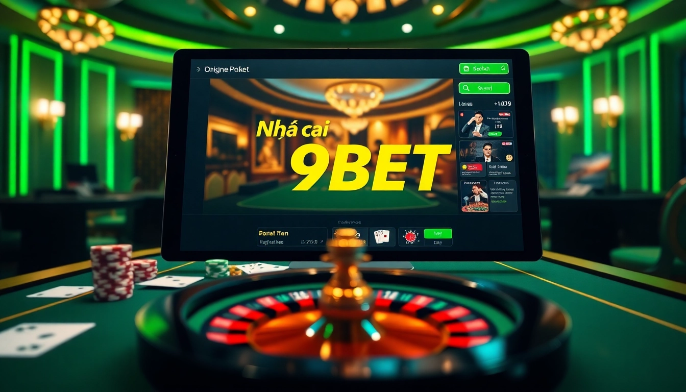 Action-packed online gambling scene highlighting Nhà cái 9BET with casino elements.
