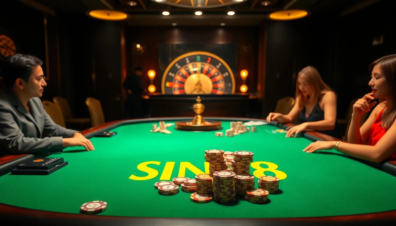 SIN88 casino table scene with luxury poker chips, roulette wheel, and excited players.