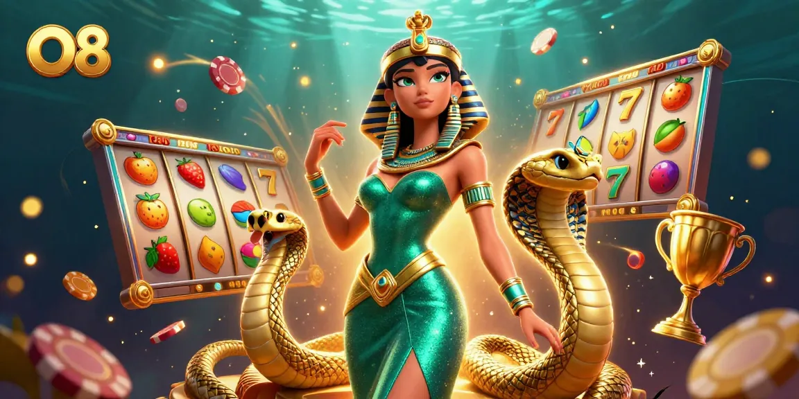 Win jackpots at O8 with a stunning emerald gown and vibrant slot reels in an action-packed scene.