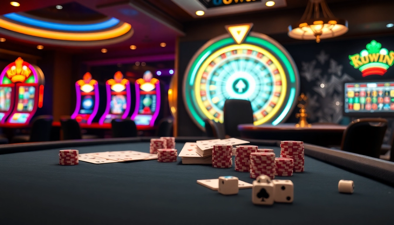 Kuwin poker table with vibrant chips and cards amidst a luxurious casino backdrop.