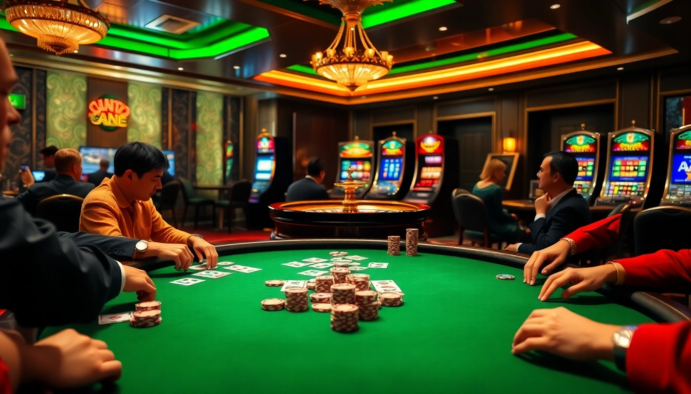 Engaging players enjoying poker at tintuceva.net's luxurious casino scene with vibrant gaming elements.