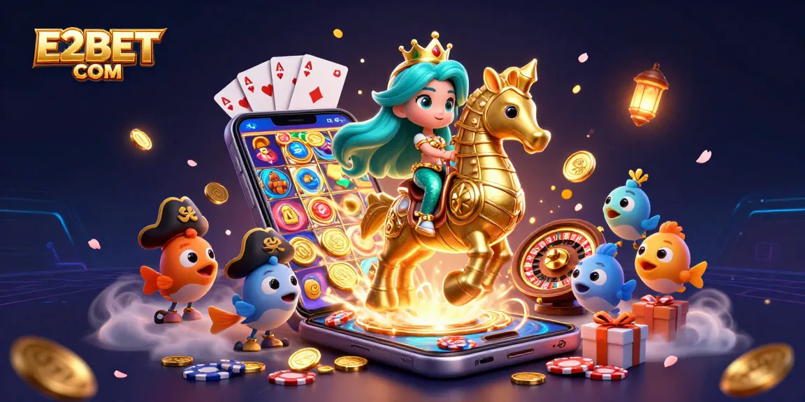 E2BET COM showcases a vibrant casino scene with a mermaid princess and seahorse amidst dynamic gaming elements.