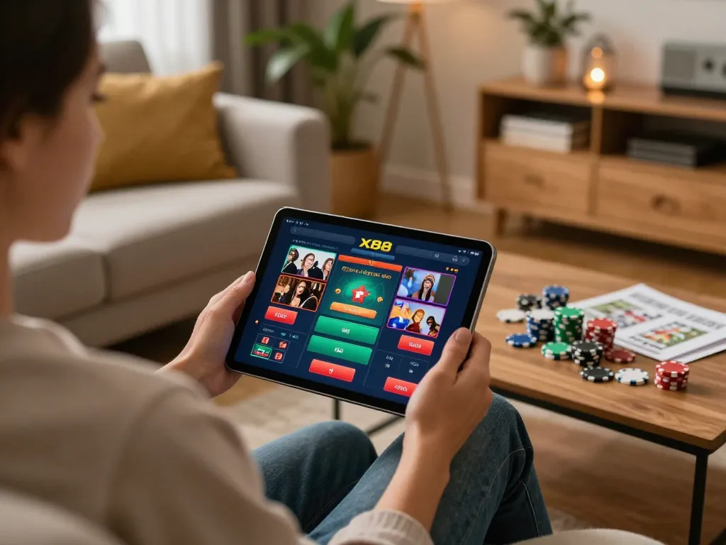 x88 online gambling app displayed on a tablet while person enjoys home gaming session
