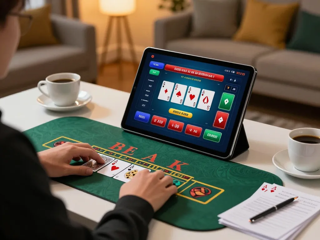 Engaged player enjoying 789Win live dealer blackjack at a stylish home setup.