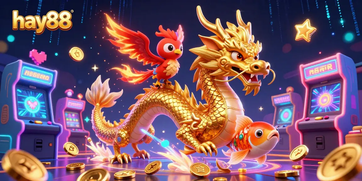 Experience hay88 with vibrant casino themes featuring a dragon, phoenix, and koi fish amidst coins.