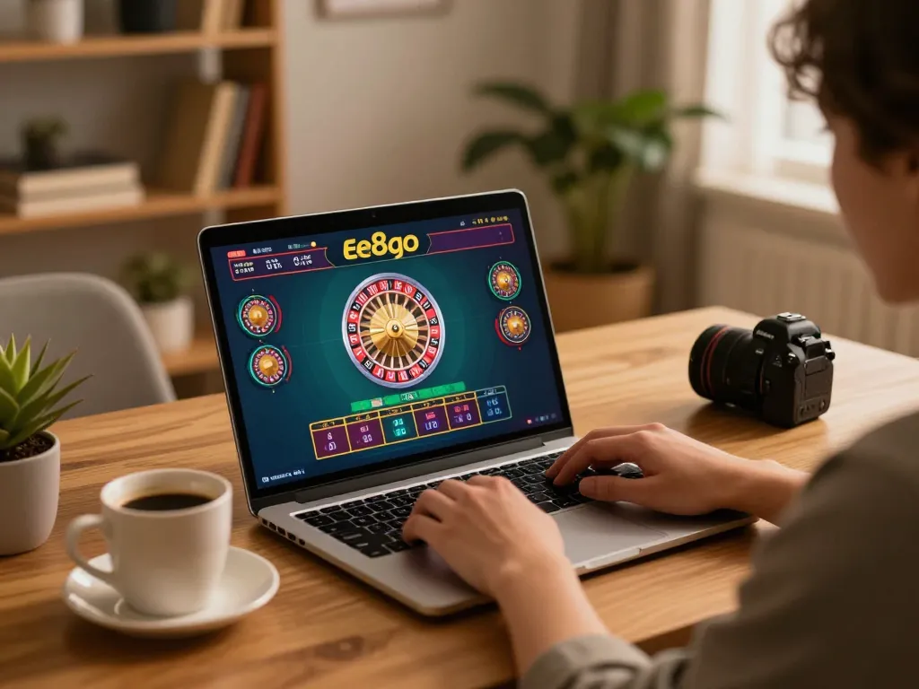 Person engaging in strategic online gambling at Ee88go, showing live dealer roulette on laptop.