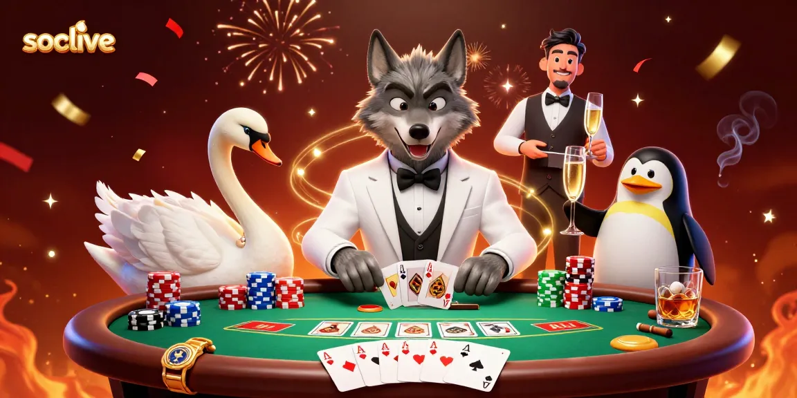 Engage with Socolive on a vibrant casino scene showcasing a debonair wolf and elegant swan.