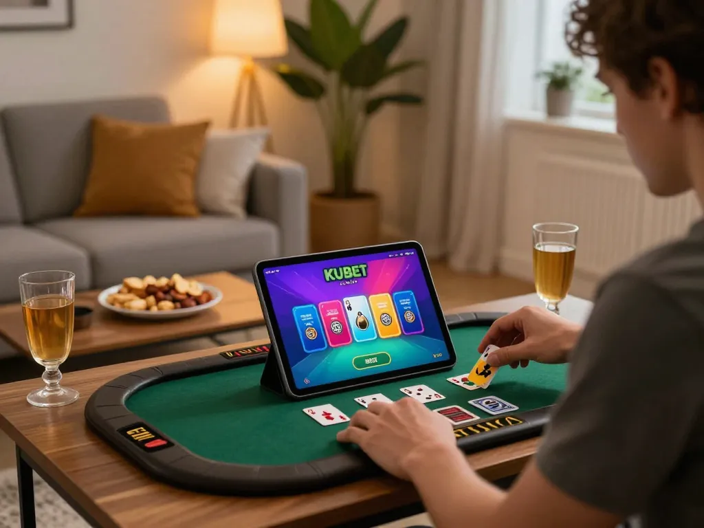 KUBET player engaged in blackjack on tablet in cozy home setup with snacks.